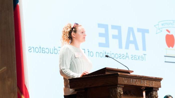 TAFE chapter president Caitlynn Moniz address conference crowd